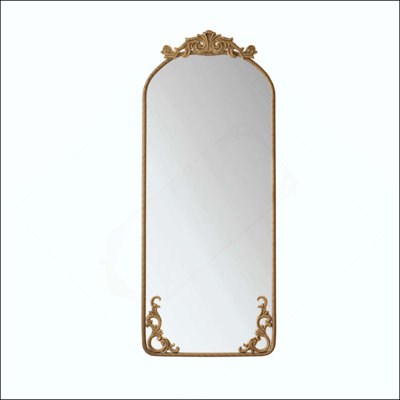 Arched Full Body Mirror With Vintage Ornate Carved Applique On Top And Bottom, Hanging Wall Mounted Mirror, For Living Room Bedroom Retro Home Decor Mirror