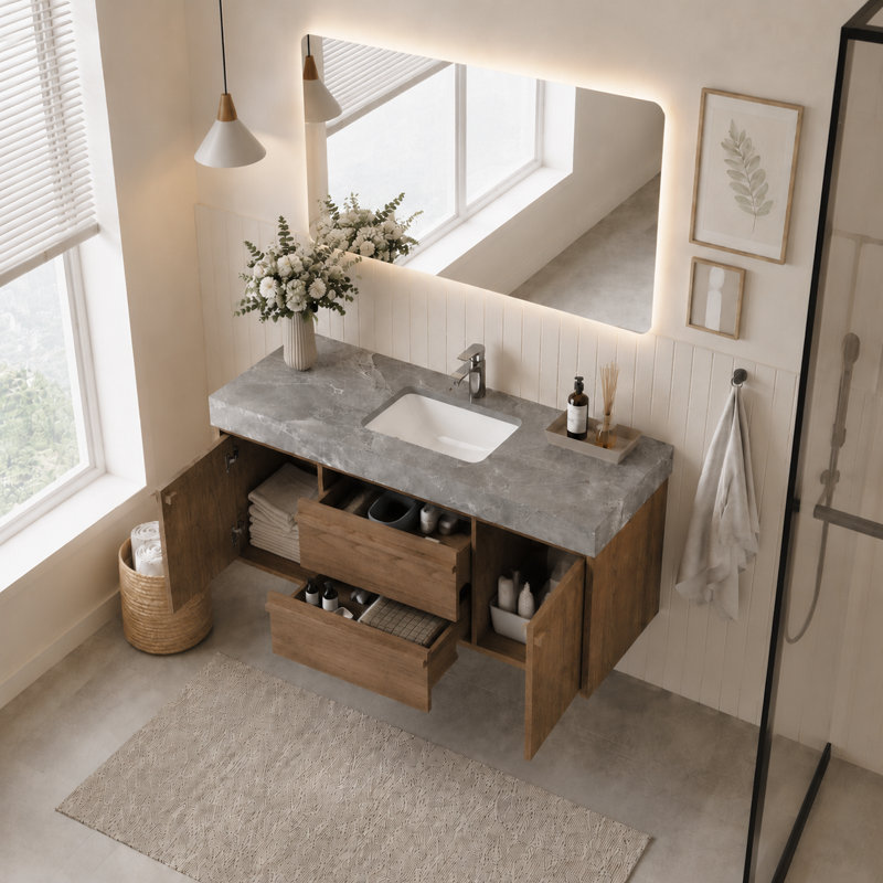 Meuble-lavabo mural 47 po avec lavabo intégré, armoire à grain de bois moderne et comptoir à aspect marbre, rangement à fermeture en douceur