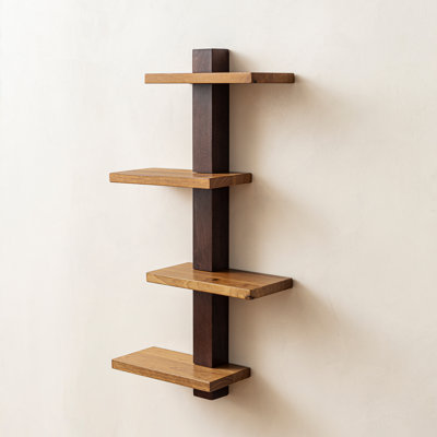 4-Tier Asymmetrical Staggered Floating Wall Shelf  Two-Tone Solid Wood Vertical Display Rack