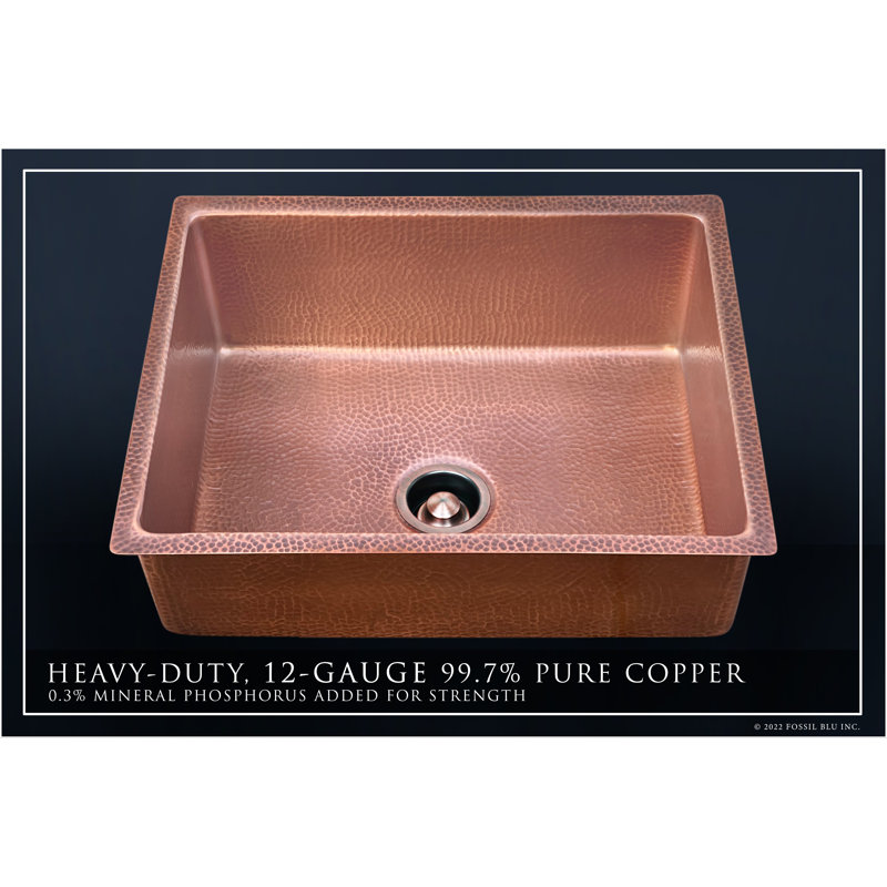 Fossil Blu Luxury 24" 12-Gauge Hammered Copper Undermount/Drop-In Sink, Medium Patina, Incl Accs