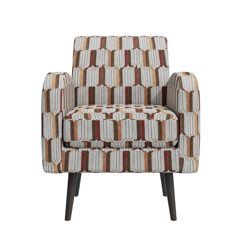 Chaise avec accoudoirs décorative à rayures brun clair, crème et rouge avec pieds en bois massif brun foncé