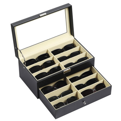 Leather 12 Piece Eyeglasses Storage and Sunglass Glasses Display Drawer Lockable Case Organizer,Black