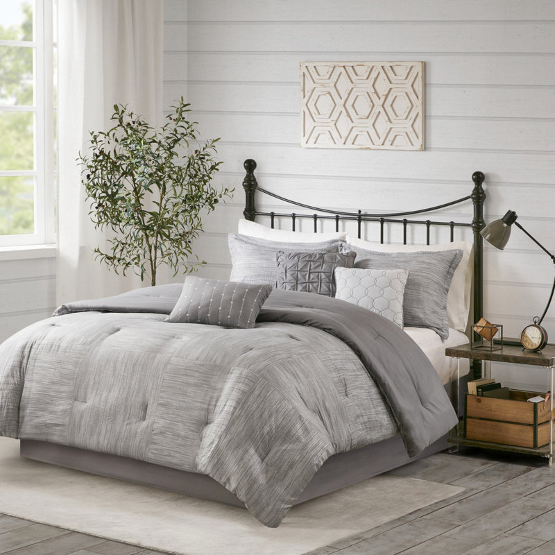 Édredon pour grand lit 7 pièces - tissu gaufré gris avec tissu doux et coussins décoratifs, Gris