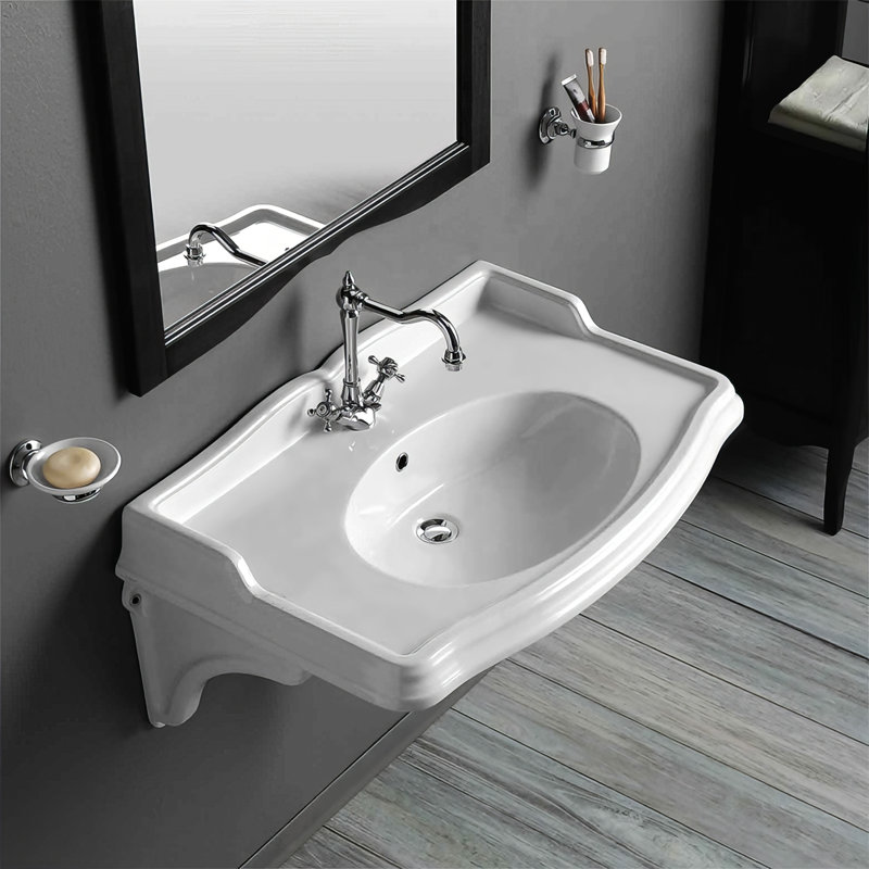 Whitehaus 35" Large Traditional Wall Mount Basin with Integrated Oval Bowl and Ceramic Shelf Supports, Single Hole