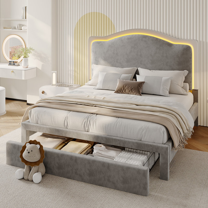 Gray Velvet Twin Upholstered Bed with LED Headboard and Storage Drawer