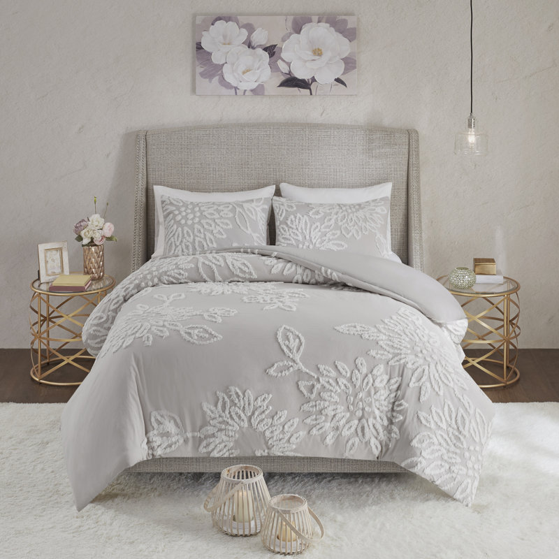 Ensemble d'édredon en chenille de coton Askey, Courtepointe très grand / très grand californien, Gris chaud / blanc