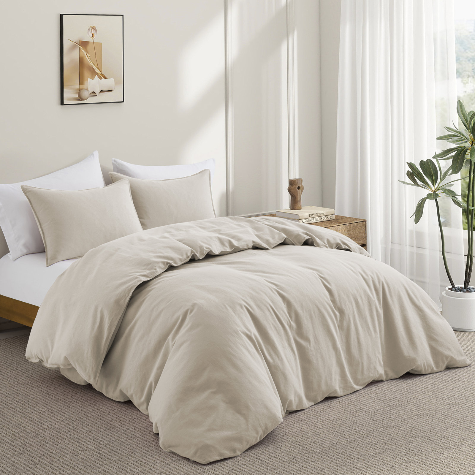 Boseman 100% Linen Duvet Reversible Duvet Cover Set, Beige, Queen Duvet Cover + 2 Standard Pillowcases