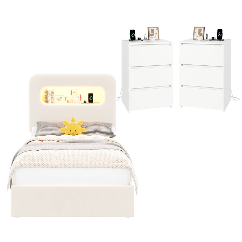 Ensemble de chambre à coucher rembourrée avec rangement 3 pièces, Blanc, Lit simple