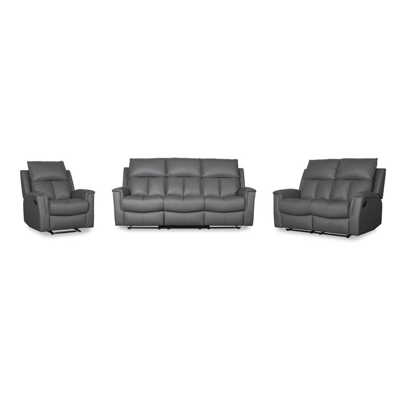 Bergamo Genuine Leather Reclining Sofa, Grey, 3