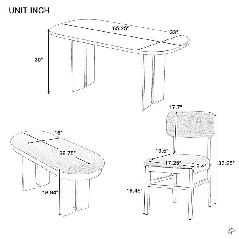 Solid Wood Dining Table Set With Bench - 6-Piece Upholstered Rectangular Dining Room Table Set With Bench, Beige, Brown