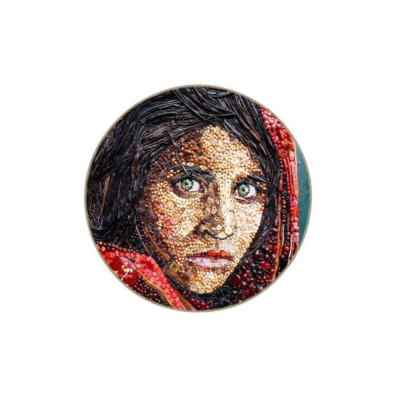 Tapis décoratif lavable à la machine à motif de portrait moderne bleu et rouge, Sous-tapis rond 4 pi 11 po inclus