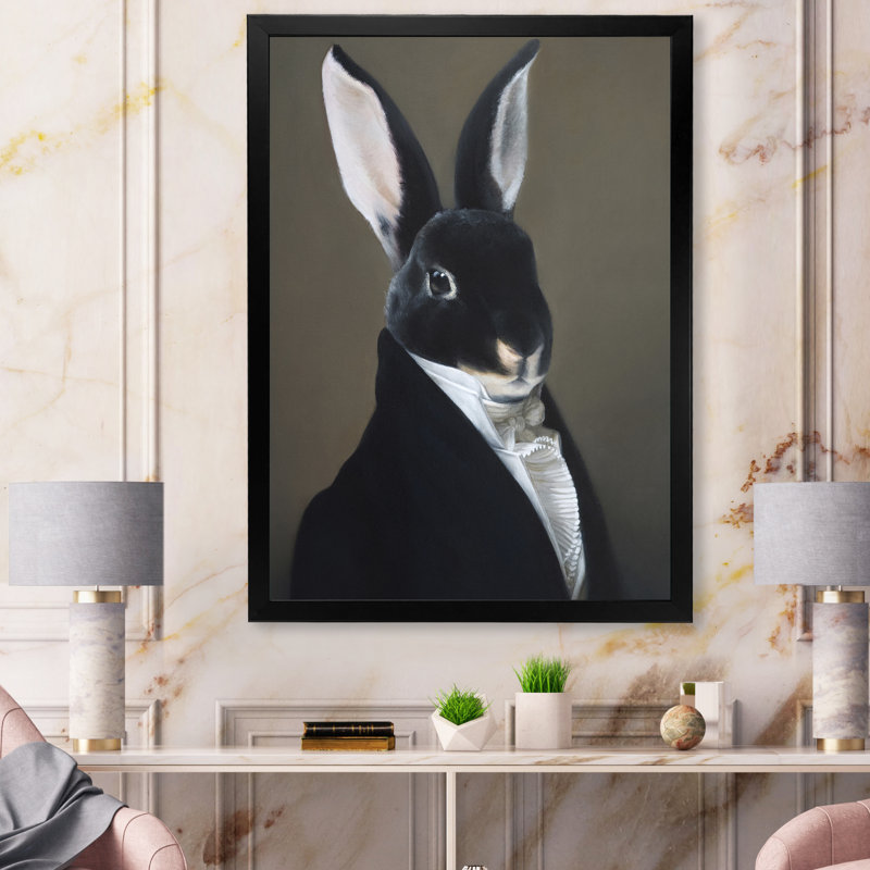 Portrait d'un lapin habillé - Peinture sur toile, H 44 po x l 34 po x P 1,5 po, Cadre noir