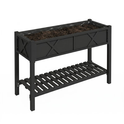 Elevated Wood Raised Garden Bed With Storage Shelf, Drainage Holes & Liner - Outdoor Planter For Patio, Lawn