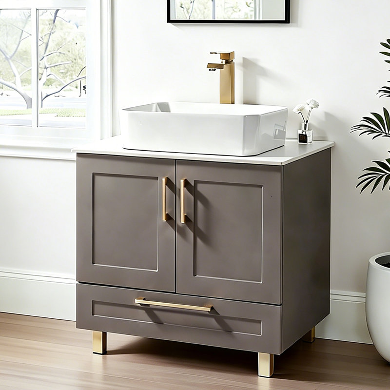 30" Modern Bathroom Vanity with Vessel Sink, Freestanding Single Vanity Set with Double Doors & Large Drawer, Ceramic Top, Soft Close