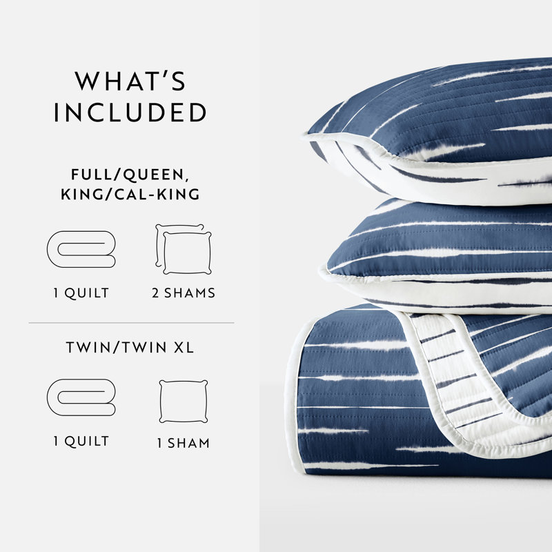 Becky Cameron Lightweight Coastal Reversible Quilt Set, King/Cal-King Quilt + 2 King Shams, Navy