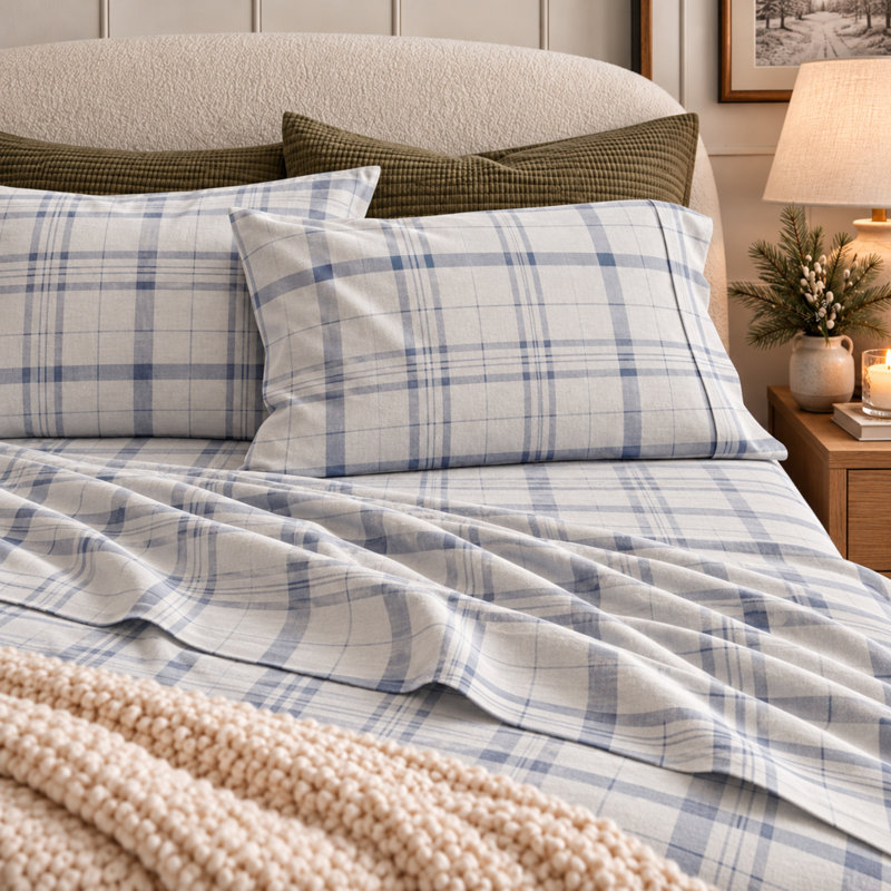 100% Turkish Cotton Plaid Flannel Sheet Sets, Full Sheet Set with 2 Pillowcases, Cool Plaid Striped