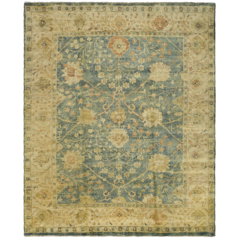 Oushak Oriental Hand-Knotted Wool Medium Blue/Green Area Rug, Rectangle 8' x 10'
