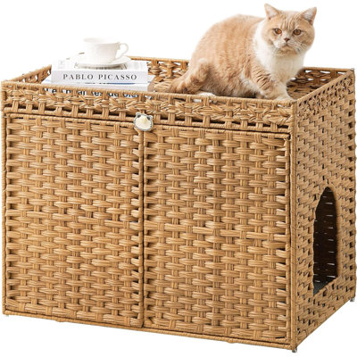 Cat Litter Box Enclosure Furniture, Hidden Litter Box, Cat Litter Box Cabinet With Cat Litter Mat, Handwoven Rattan Large Space Cat House, Indoor For