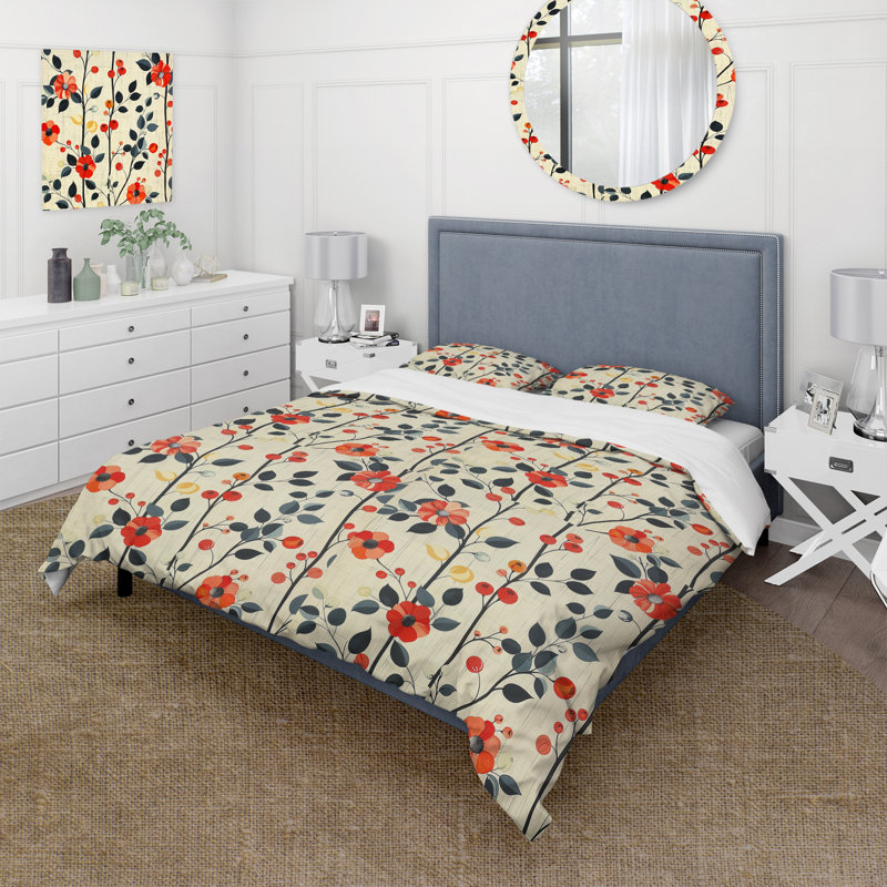 Ensemble de housse de couette orange vert floral Harmony - Mid-Century, Housse de couette simple + 2 taies décoratives st