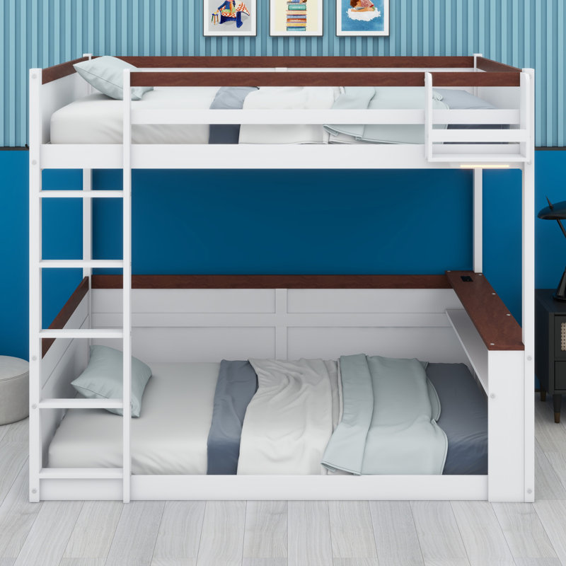 Lit superposé en bois avec tablettes intégrées, boîte de rangement, lumière DEL et station de charge USB, Blanc