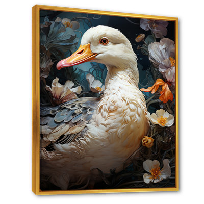 White Duck Feathered Floral Elegance - Duck Animal Wall Art