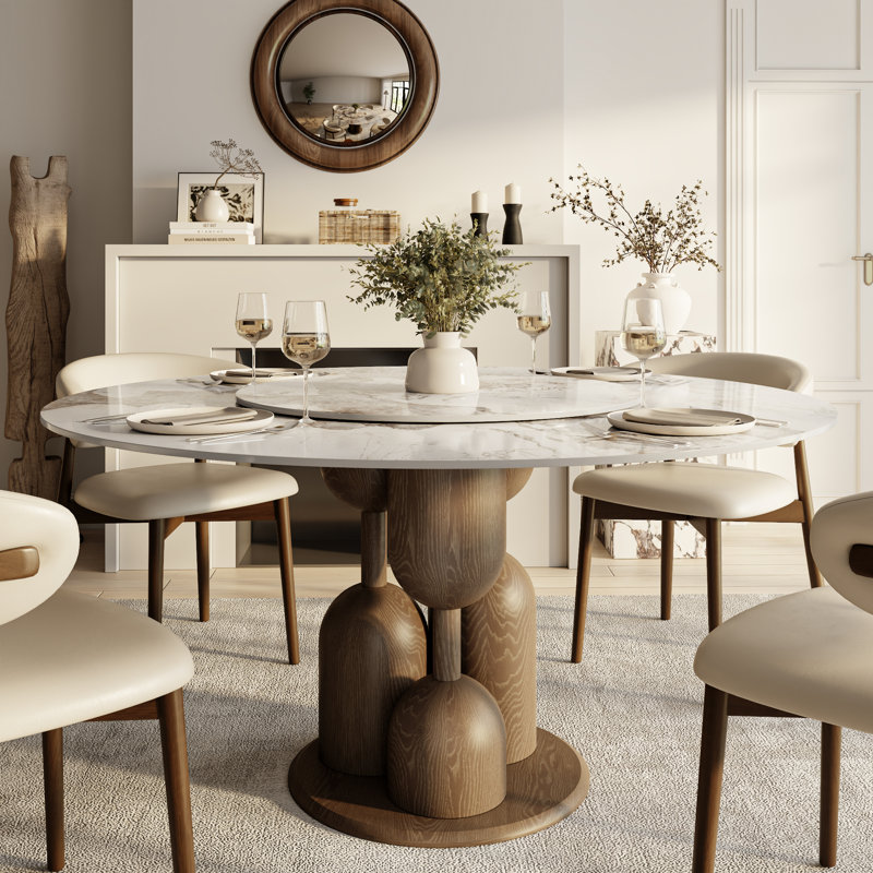 Amberly 53''/59'' Modern Round Dining Table With 360° Rotating Lazy Susan Kitchen Table For 4-10 People, One-step Installation