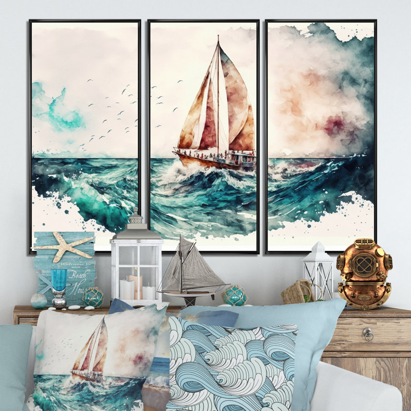 Aquarelle, voilier, croisières sur les vagues - impression sur toile 3 pièces, H 32 po x l 48 po x P 1 po