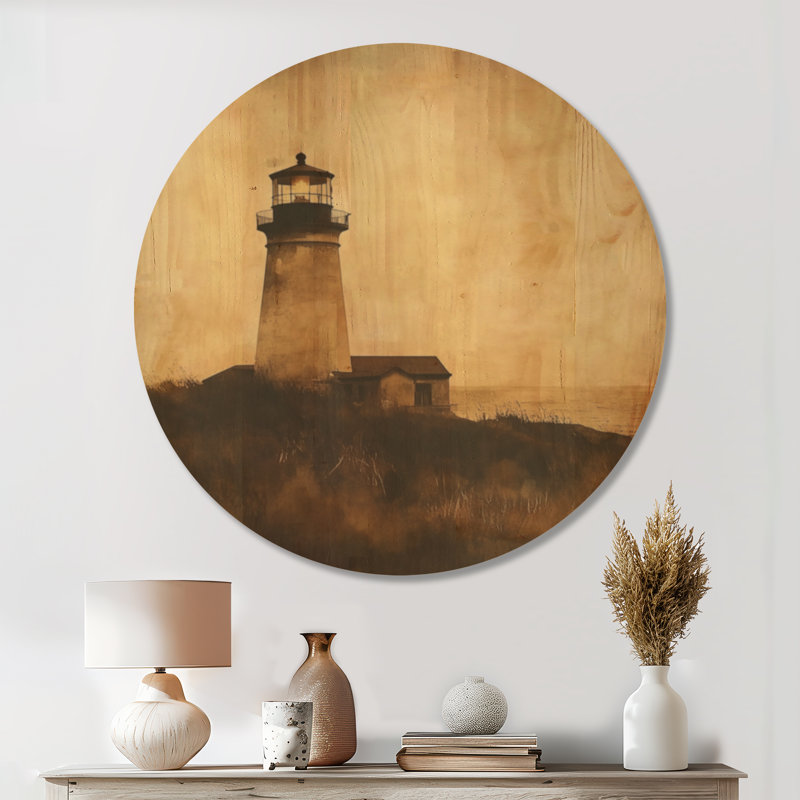 Phare du Crépuscule Doré IV - Décoration murale ronde en bois sur le thème de l'océan, Rond 36 po, Rond