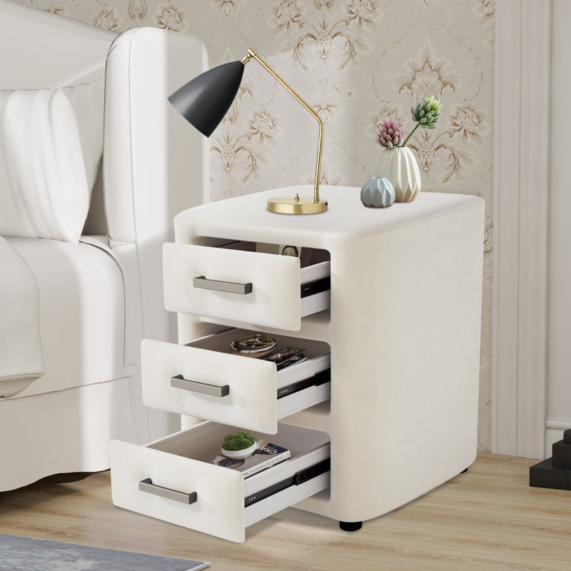 Table de chevet 3 tiroirs en velours, Beige