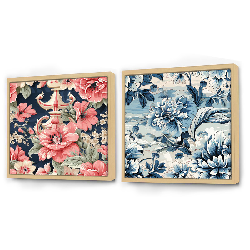 Pavone - Ensemble de 2 collages carrés botaniques abstraits, Cadre flottant brun, H 30 po x l 61 po