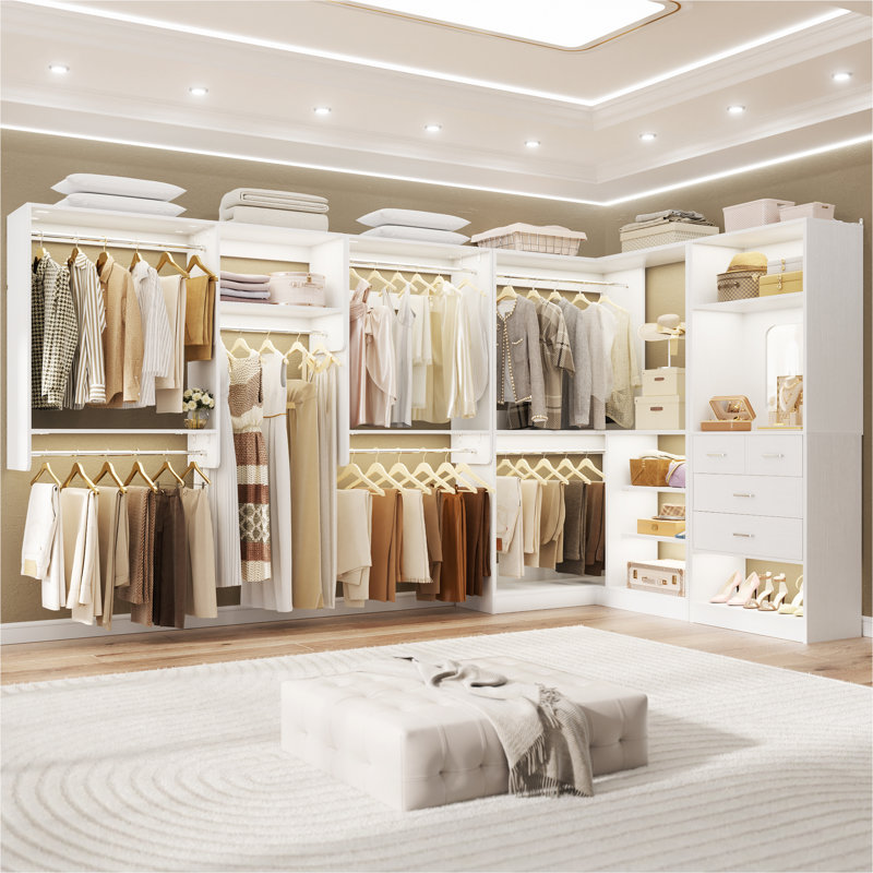 Closet System with Drawers and Mirror, Corner Closet Organizer with Hanging Rods and Shelves, White