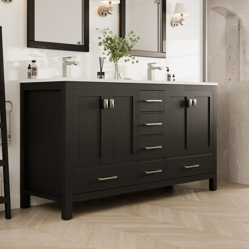 Eviva London 60"W X 18"D Double Sink Bathroom Vanity With White Carrara Quartz Countertop, Espresso