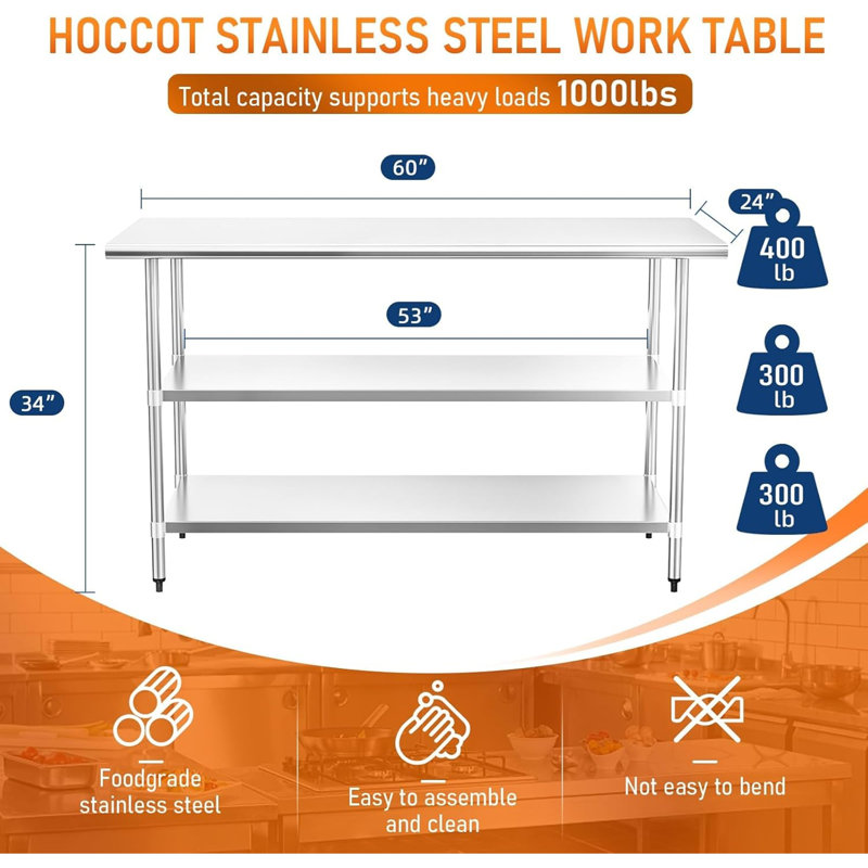 Stainless Steel Table with 2 Adjustable Shelf, 34" H x 60" L x 24" W