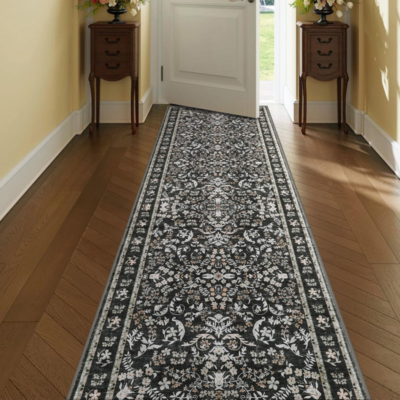 Area Rug 2x6 for Living Room, Washable Non Slip Low Pile Rugs, Floral Soft Carpet for Entryway, Kitchen, Hallways, Black