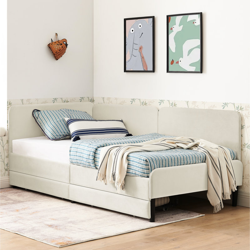 Lit simple réglable beige avec 2 tiroirs de rangement, rembourré pour la chambre à coucher, design moderne, assise confortable, lit en velours convertible en eucalyptus et cadre, surface douce, renforcé