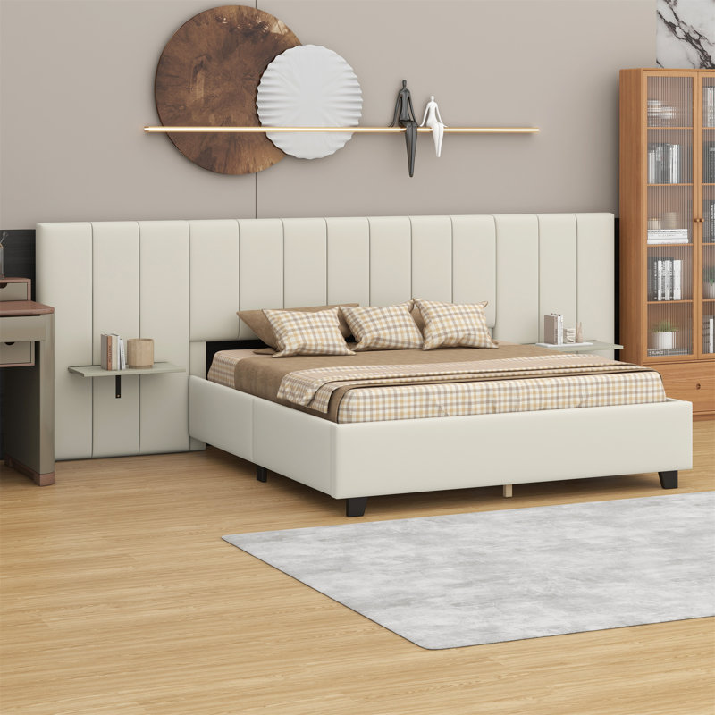 Upholstered Platform Bed With Big Headboard, Queen, Beige