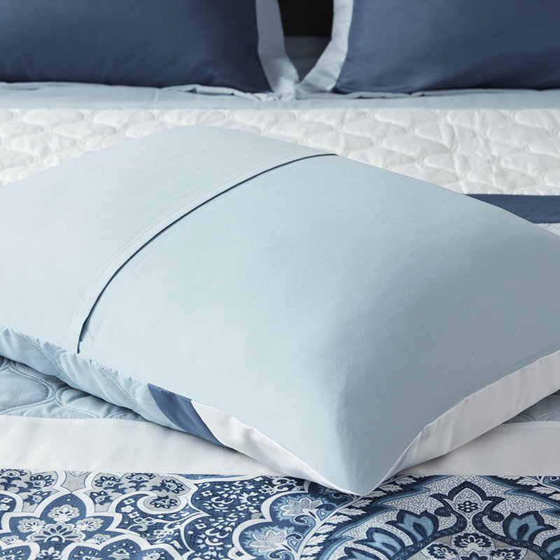 Édredon très grand 8 pièces, courtepointe bleue, 2 taies décoratives européennes, 1 coussin, pièce de fer à vapeur carrée, imprimé, rembourrage, coussins décoratifs, froissé