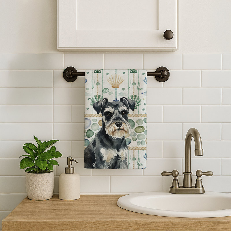 Black & Silver Miniature Schnauzer Coastal Sea Glass Kitchen Towel, Black & Silver Miniature Schnauzer