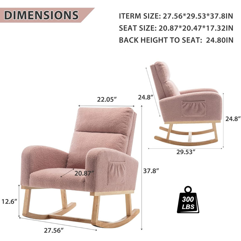 Wasilewski  Rocking Chair For Living Room with Solid Wood Leg, Pink Teddy