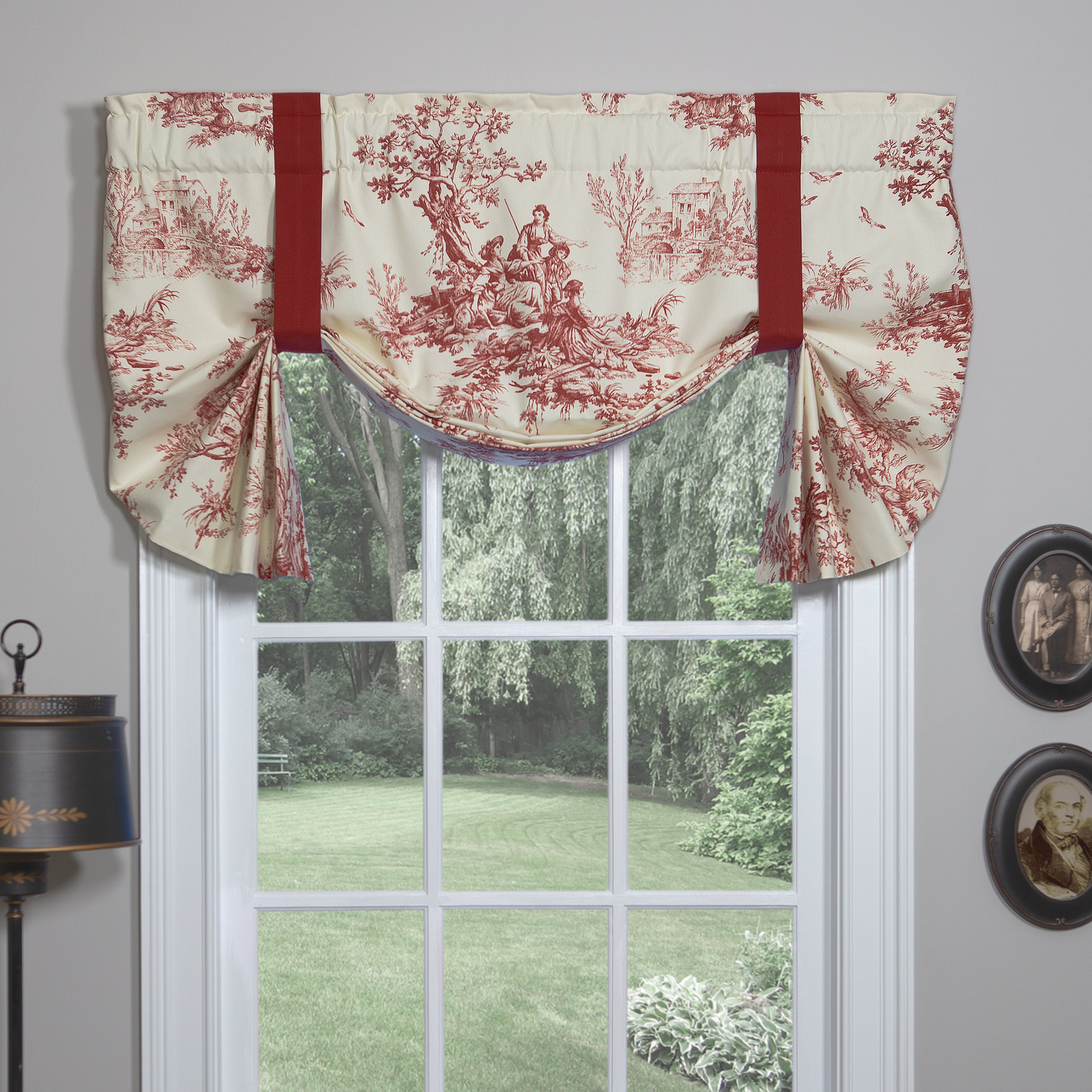 Thomasville At Home Bouvier Red Traditional Cotton Toile Tie Up Valance