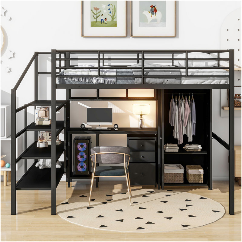 Metal Loft Bed With Table Set And Wardrobe, Full
