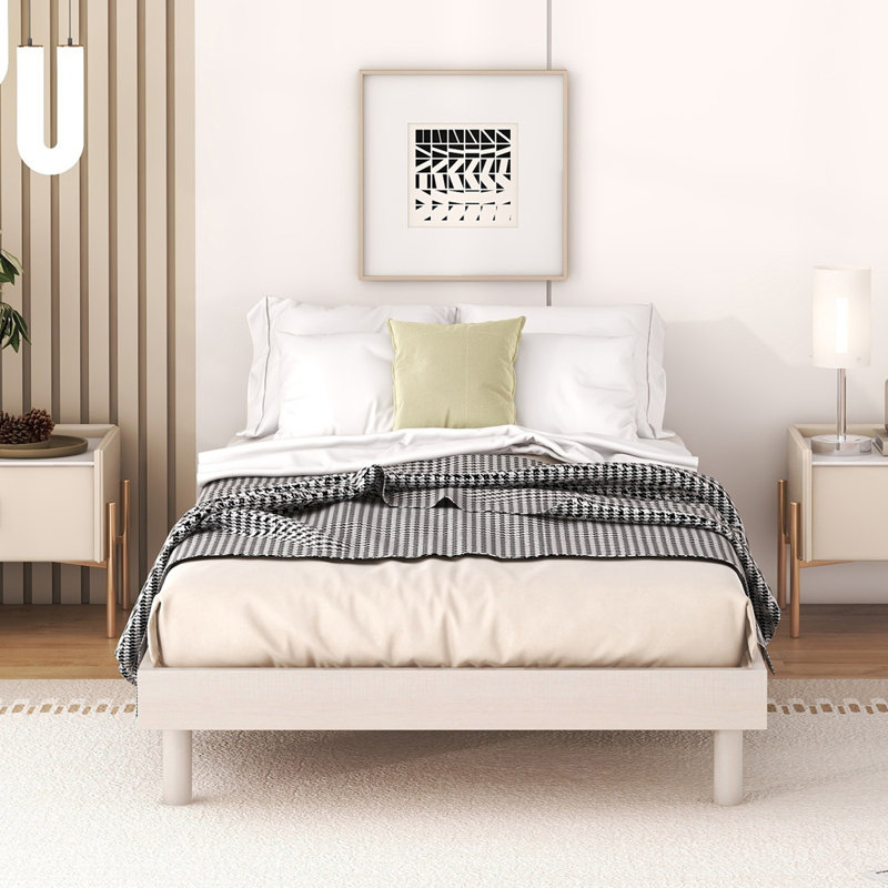 Wooden Platform Bed Frame, Twin, White Washed