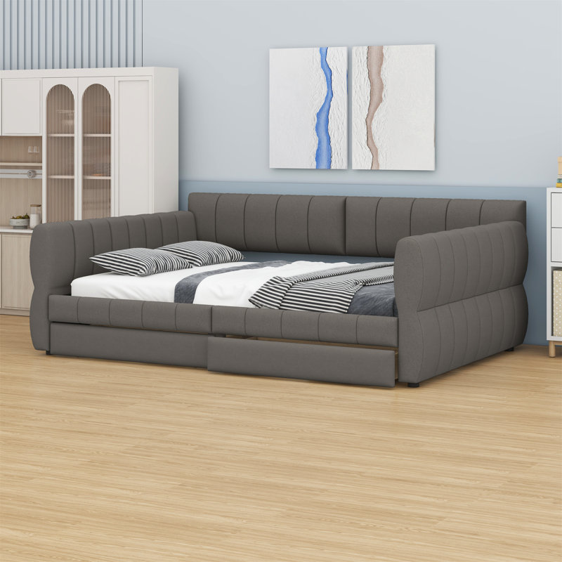 Lit plateforme tapissier avec port USB et 2 tiroirs, Gris