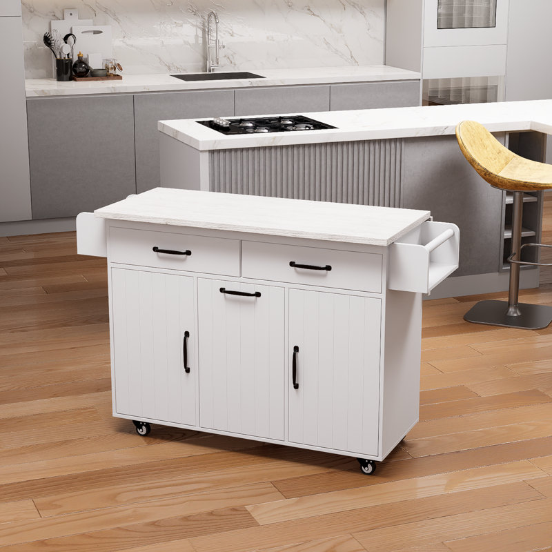 White Kitchen Island With Trash Can Storage, Kitchen Cart With Leaf Drop, Spice Rack, Towel Rack And Drawers, Rolling Kitchen Island With Adjustable Shelves On Wheels