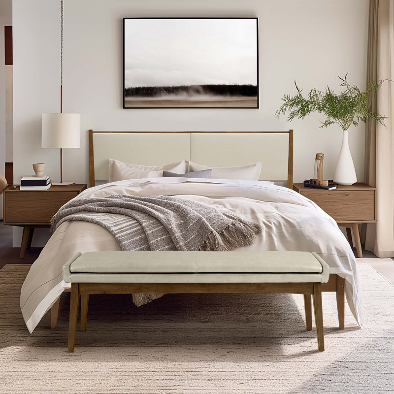 Modern Farmhouse Upholstered Platform Bed with Wood Frame and Beige Headboard, Queen Size, Queen