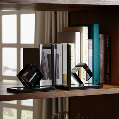 Decorative Glass Cube Bookends For Home Decor - Modern Book Ends Perfect For Shelf Accent, Desk Styling, Or Bookshelf Decor - Set Of 2, 6", Clear