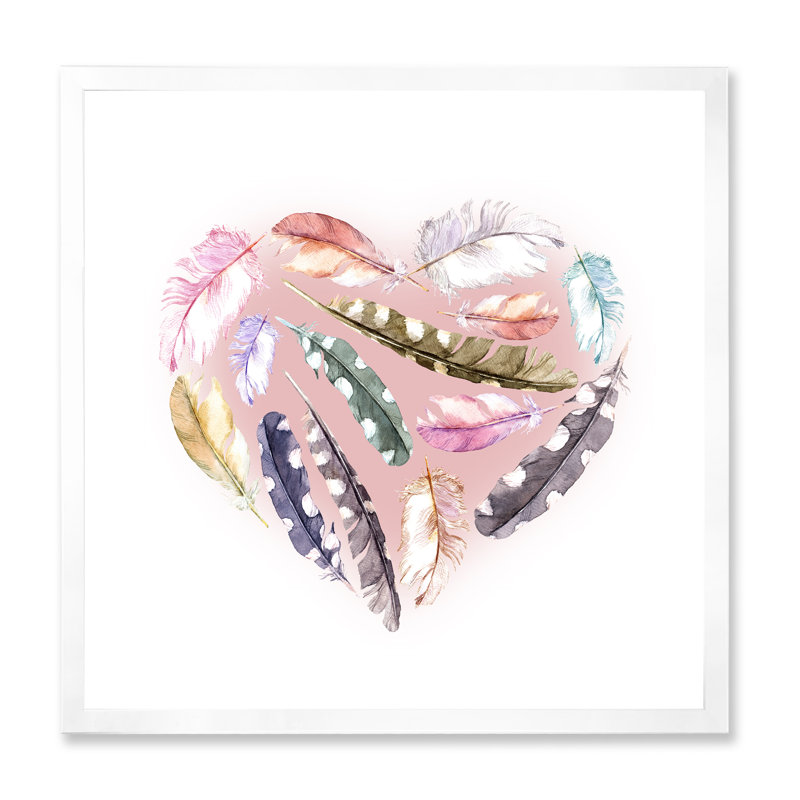 «Ethnic Feather Heart», impression sur toile encadrée, H 30 po x l 30 po x P 1 po, Cadre blanc