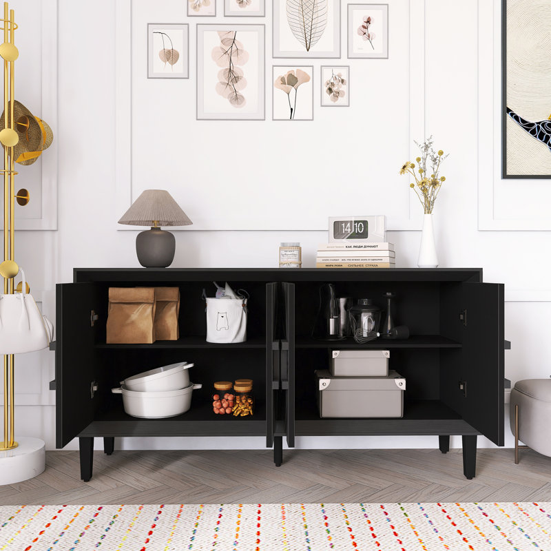 Premium Rustic American Farmhouse Credenza - Symmetrical Sunburst Door Design, Black