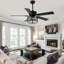 52 Inch Black Ceiling Fan with Light, Industrial Crystal Ceiling Fan with 5 Blades, 6-Speed Reversible DC Motor Modern Ceiling Fan
