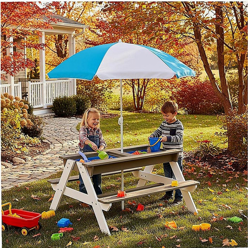 Table de pique-nique en bois pour enfants, table de sable et d'eau avec parasol, table d'activités pour jouer sur la terrasse